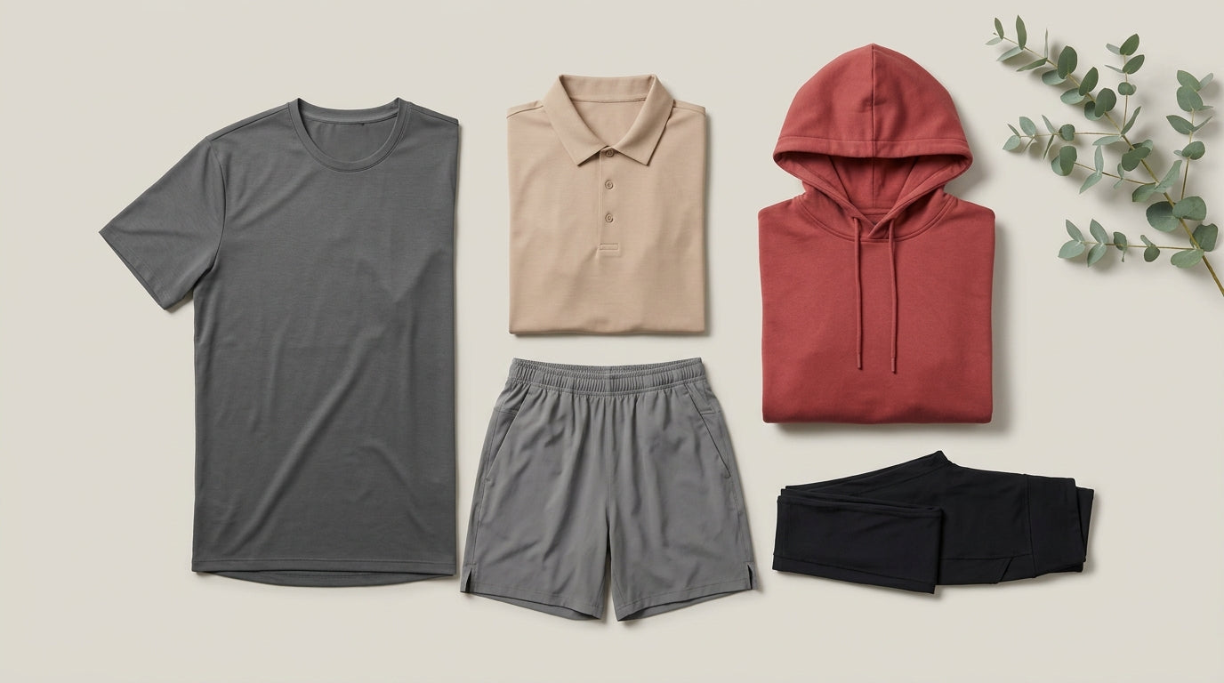 Best sustainable men's sportswear brands 2026 — premium activewear flat lay