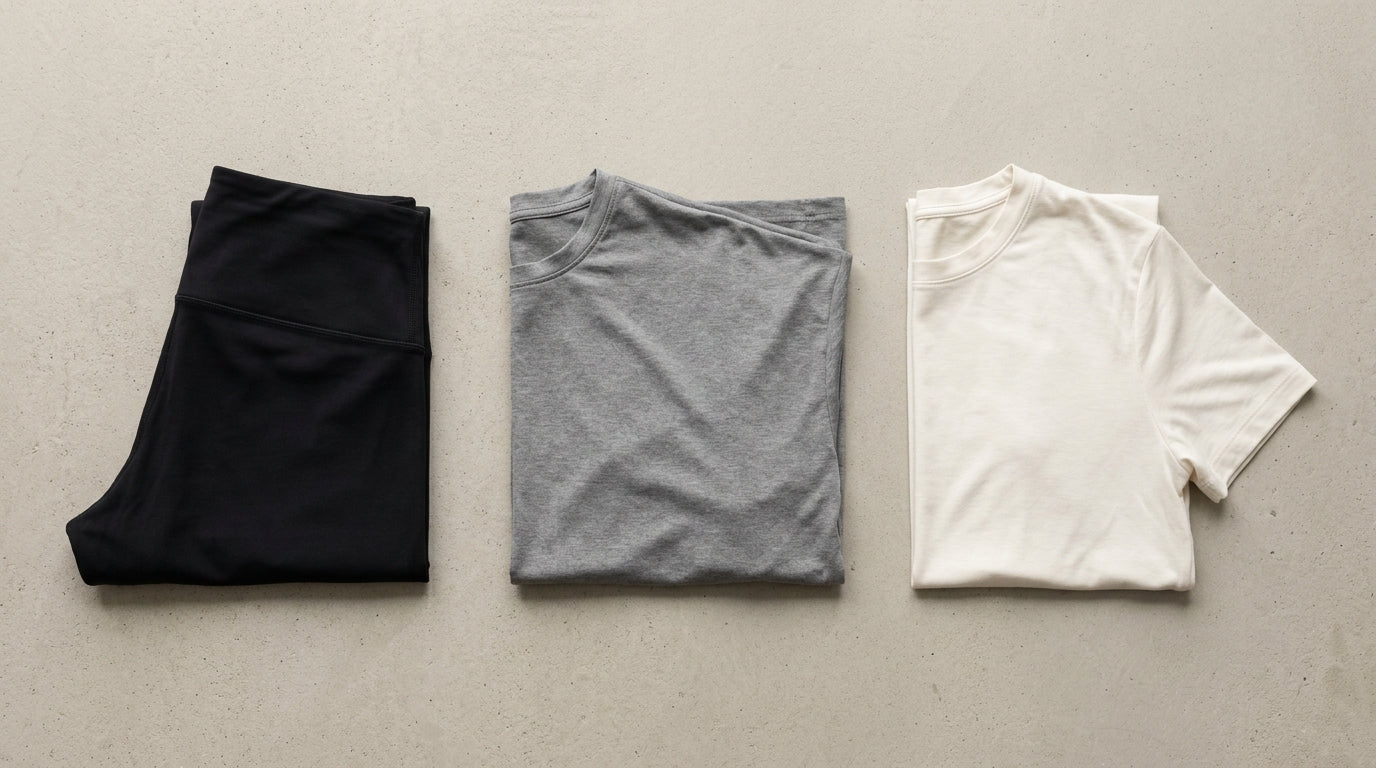 Drei Sportshirts aus Polyamid, Polyester und TENCEL Lyocell nebeneinander auf hellem Beton — Materialvergleich für Sportkleidung