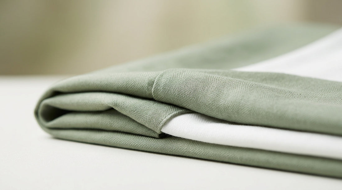 Close-up of soft sage-green TENCEL Lyocell fabric folded on white — sustainable Nordic activewear material
