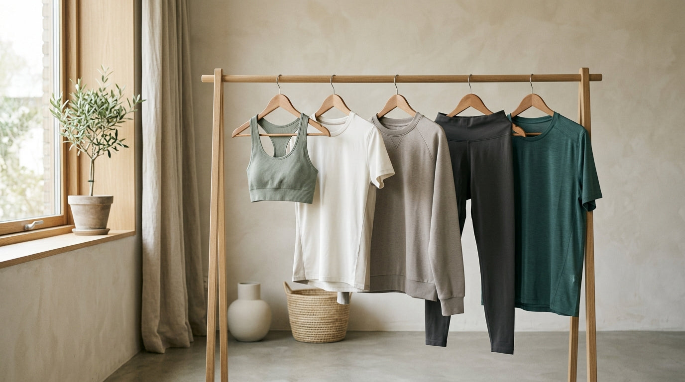 Sustainable workout clothes hanging to dry in natural light